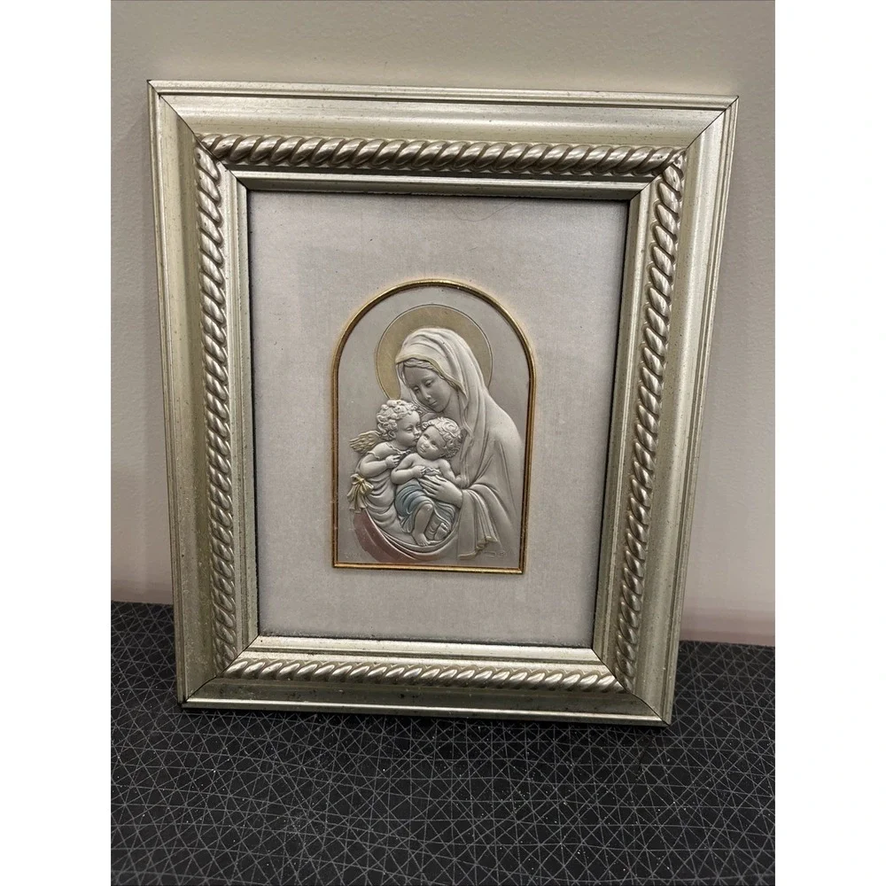 Italian Madonna & Child Icon .925 Sterling Silver Art w/ Painted Gold Frame‎ EUC